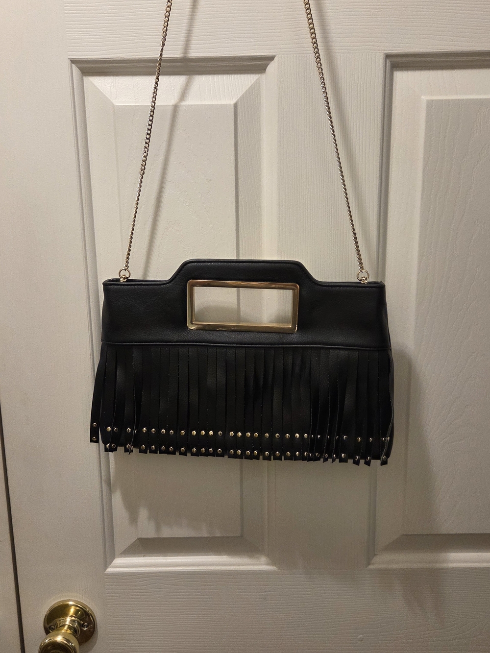 INC International Concepts Black Fringe Shoulder Bag with Gold Accents